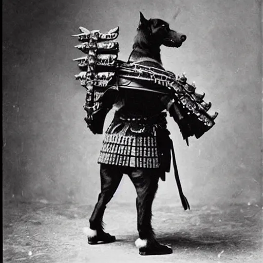 Image similar to “dog in full samurai armour, 1900’s photo”