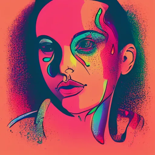 Image similar to a woman with a tatoo of semi colon on her face, in retro colors, synthwave style, 2 d digital vector art