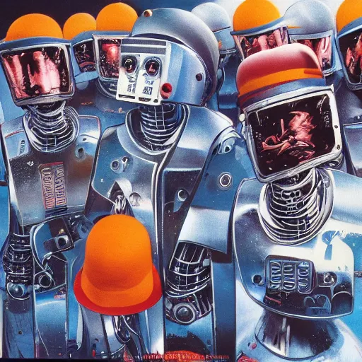 Prompt: robot wearing a bucket hat, by John Harri and Michael Whelan and John Berkey and Robert McCall and Chris Foss and Chris Moore and Vincent Di Fate and Rafał Olbiński and Jim Burns