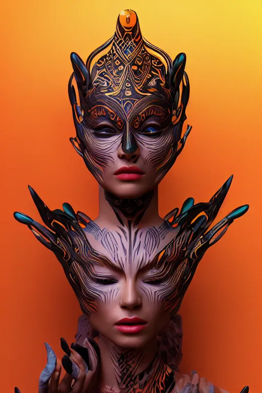 Image similar to a centered full body render of an alluring goddess wearing a tribal mask surrounded by a underwater ink pour and flowing liquid galiumand sacread geometry, perfect face, powerful, cinematic, beautifully lit, by artgerm, by viktoria gavrilenko, 3 d, trending on artstation, octane render, 8 k