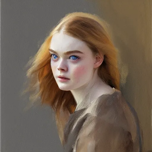 Prompt: professional painting of Elle Fanning in the style of Anders Zorn, head and shoulders portrait, symmetrical facial features, smooth, sharp focus, illustration, intricate, stormy weather, extremely detailed masterpiece,