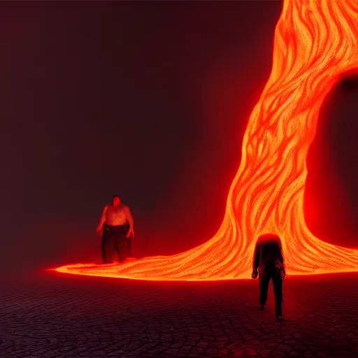 Image similar to ( a screaming man walks on lava towards the gates of hell ) by barlowe wayne, photorealistic, dynamic lighting, very detailed faces, trending on artstation, wallpaper, dream, 4 k, award winning, vivid colors, beautiful fire