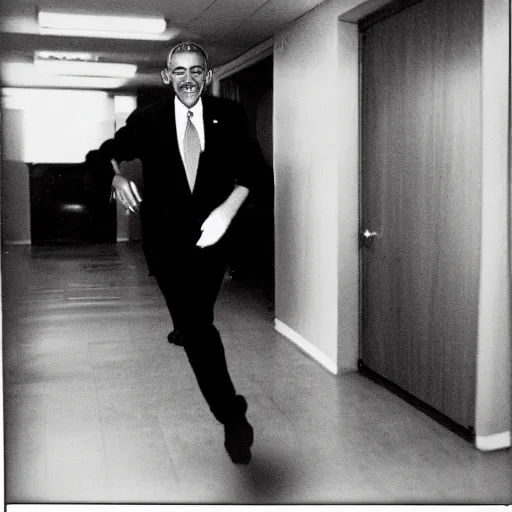 Image similar to A creepy polaroid photo of Obama chasing you down an empty hallway