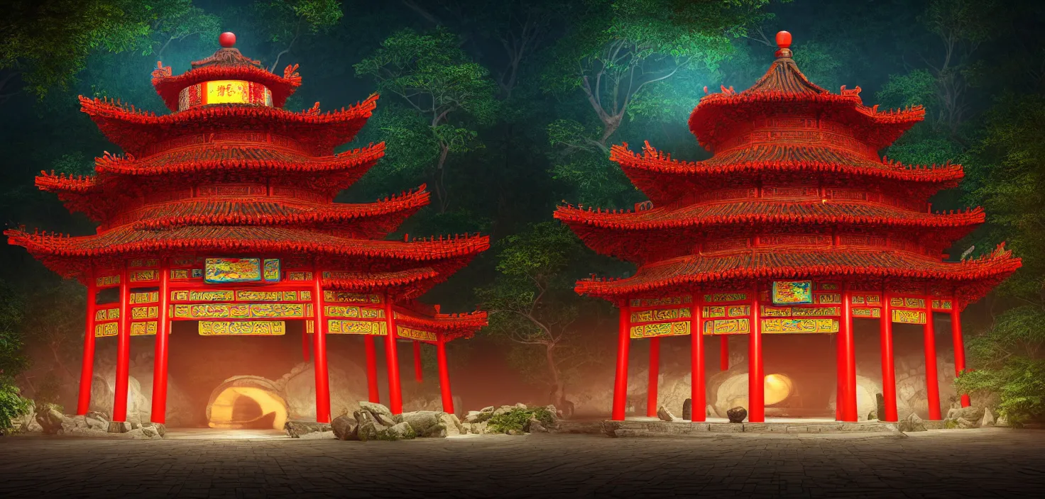 Prompt: a traditional chinese building in the forest at night, big round glowing multicoloured portal house, central symmetrical composition, incredible, vector art, octane render, fabulous, hyper detailed, random cinematic view, no noise, global illumination, warm lighting, volumetric, godrays, vivid, beautiful, by jordan grimmer