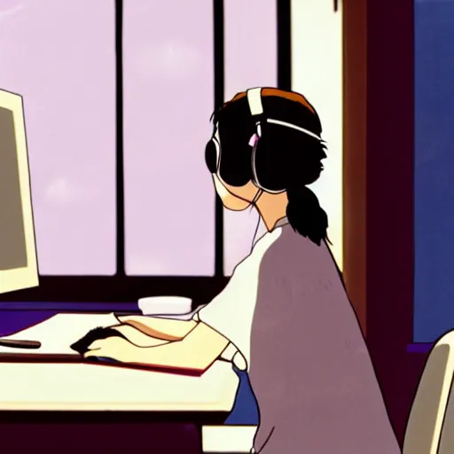 Image similar to film cell from Studio Ghibli of female Japanese student in profile, sat at her desk, her face lit by the computer screen, wearing headphones, japan, window, Tokyo, neon lights outside , by Hayao Miyazaki