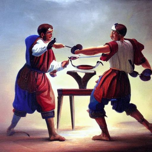 Image similar to high detailed painting of a traditional artist fighting an ai artist