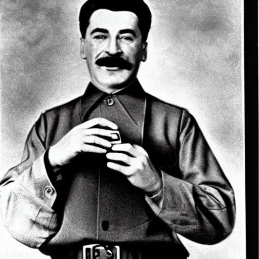 Prompt: Stalin holding an iPhone, studio photography, 1940