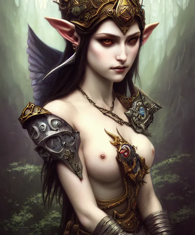 Prompt: dark fantasy, sensual legend of Zelda twilight Princess portrait, dark surrealist , fantasy, intricate, elegant, highly detailed, digital painting, artstation, concept art, smooth, sharp focus, illustration, art by Tom Bagshaw, artgerm and greg rutkowski and alphonse mucha