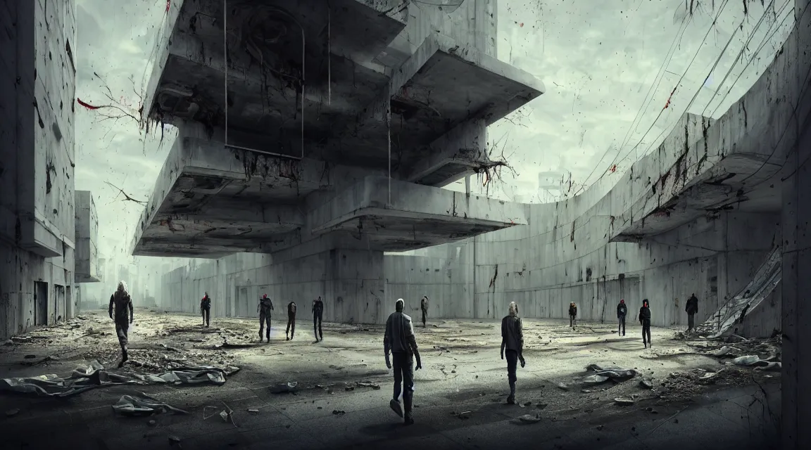 Image similar to big grey aliens walking outsife a post apocalyptic hospital building, morning, building, avenue, modern contemporary urban americana concrete architecture, by pascal blanche, neil blevins, apocalyptic color palette, trending on artstation, photorealistic, wilderness ambiance, ultra detailed, high definition, depth of field, bokeh, rubble, wild vegetation, blood stains, building crumbling
