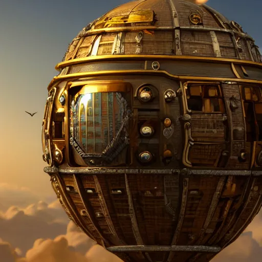 Image similar to enormous flying city in a faberge egg, sky, steampunk, fantasy art, masterpiece, unreal engine