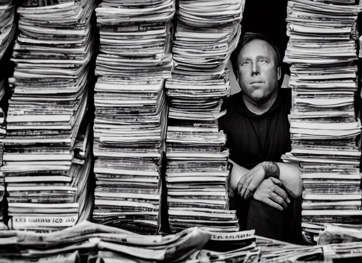 Image similar to dslr photo still of alex jones sitting depressed in a room filled to the ceiling with newspapers, 5 2 mm f 5. 6