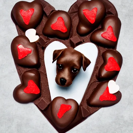 Image similar to a heart shaped brown yorkshire dog made of chocolate and strawberries, art