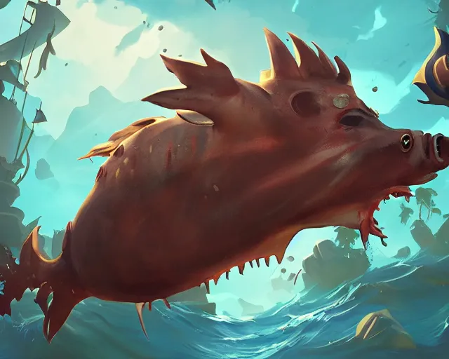 Image similar to sea of thieves underwater marine life concept art for a wild boar, cgsociety, trending on artstation, rare ltd,