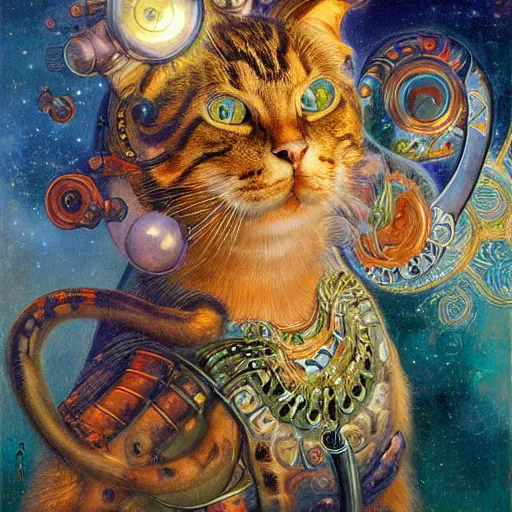 Prompt: highly detailed portrait of a cat shaped psychedelic dmt mecha, painting by gaston bussiere, craig mullins, j. c. leyendecker, lights, art by ernst haeckel, john william godward, hammershøi, alex grey