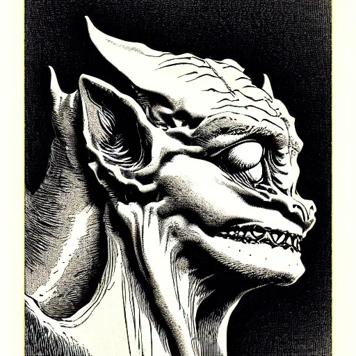 Image similar to gargoyle portrait soft light, by bernie wrightson and joe fenton, inspired victorian, etching, fine, sharp high detail, duotone screen print,