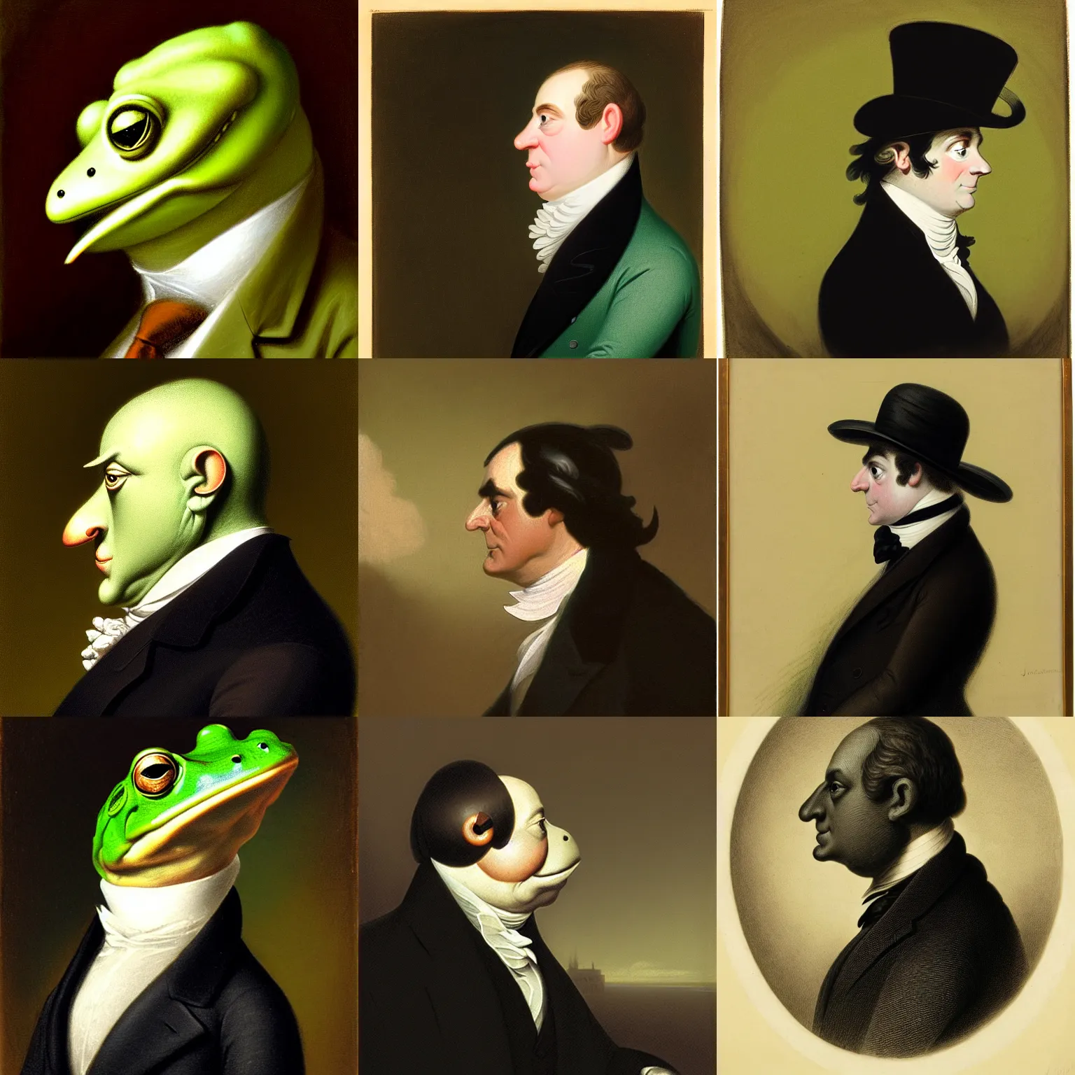 Prompt: a side profile portrait of an anthropomorphic frog wearing a suit, a character portrait by john trumbull, american romanticism, soft focus