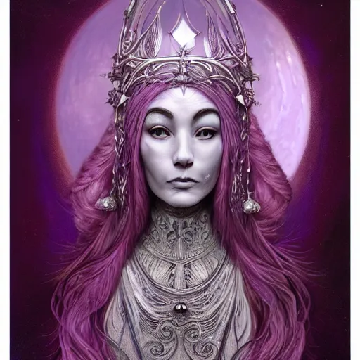 Prompt: painting of prophetess of the moon, silver filigree armor and tiara, moon above head, purple wavy hair, translucent skin, wide striking eyes, beautiful! coherent! symmetrical body, by brom, by junji ito, by brian froud, strong line, high contrast, muted color, preraphaelite style, 4 k, trending on artstation