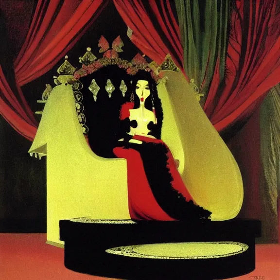 Prompt: an oil painting of a queen in a black funeral dress sitting on a throne, by bruce pennington, by eyvind earle, nicholas roerich, by frank frazetta, by georgia o keeffe