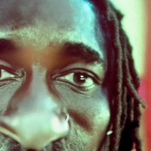 Image similar to cinematic film still of Snoop Dogg starring in a Steven Spielberg film as Bob Marley, candid photo, 1999, Jamaica, shallow depth of field, close up photograph, epic lighting