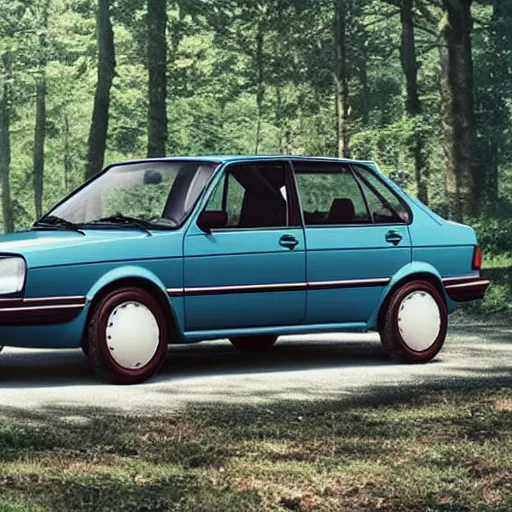 Prompt: a volkswagen jetta mk 2 by a lakeside forest, hyper realistic