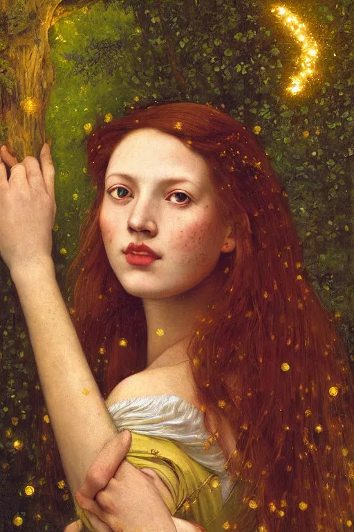 Prompt: portrait of happy a young woman, among the lights of golden fireflies and nature, long loose red hair, intricate details, bright green eyes, freckles on the nose, round gentle face, intricate dress, golden ratio, hyper realistic digital art by artemisia lomi gentileschi and caravaggio, gaston bussiere and tomacz alen kopera.