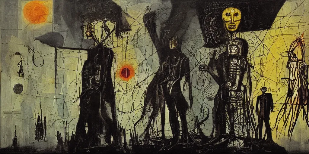 Image similar to solarpunk human, by david caspar friedrich and giger and Jean-Michel Basquiat