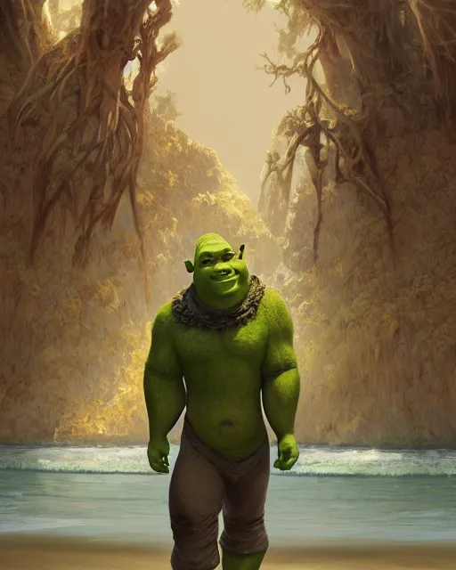 Prompt: beautiful , shrek standing in front of a beach, intricate, stunning, highly detailed, digital painting, artstation, concept art, smooth, sharp, focus, illustration, art by artgerm and greg rutkowski and alphonse mucha