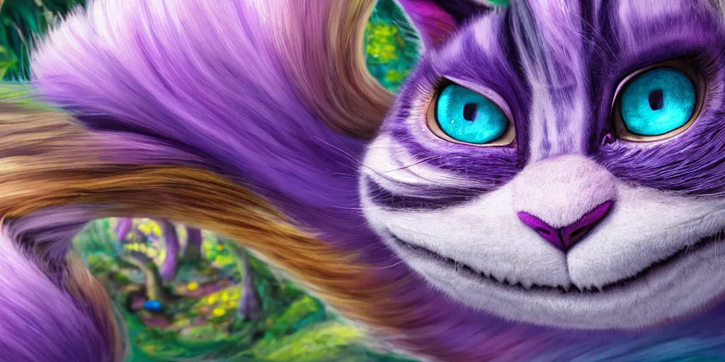 Image similar to The Cheshire Cat, Alice in wonderland, colorful, wide angle, super highly detailed, professional digital painting, artstation, concept art, smooth, sharp focus, no blur, no dof, extreme illustration, Unreal Engine 5, Photorealism, HD quality, 8k resolution, cinema 4d, 3D, beautiful, cinematic, art by artgerm and greg rutkowski and alphonse mucha and loish and WLOP