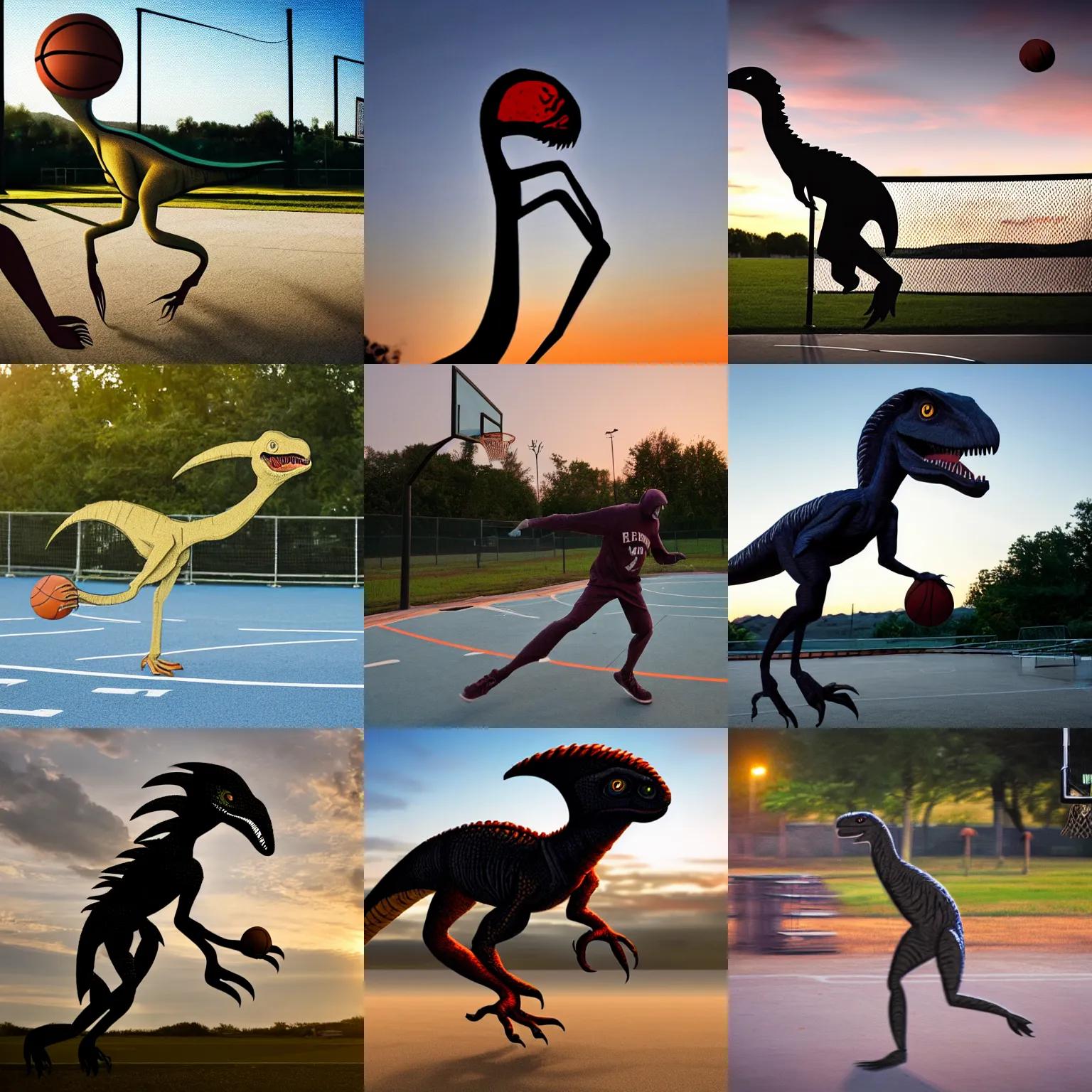 Prompt: Velociraptor playing basketball at dusk