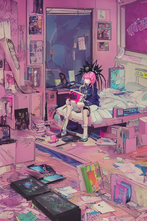 Image similar to concept art painting of a chibi anime cybergoth girl with pink dreads on the floor reading a book in a cluttered 9 0 s bedroom, artgerm, moebius, inio asano, toon shading, cel shading, calm, tranquil, vaporwave colors,