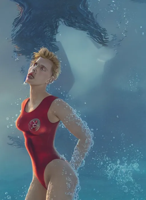 Prompt: underwater portrait of scarlett johansson as a baywatch life saver, au naturel, hyper detailed, digital art, trending in artstation, cinematic lighting, studio quality, smooth render, unreal engine 5 rendered, octane rendered, art style by klimt and nixeu and ian sprigger and wlop and krenz cushart.