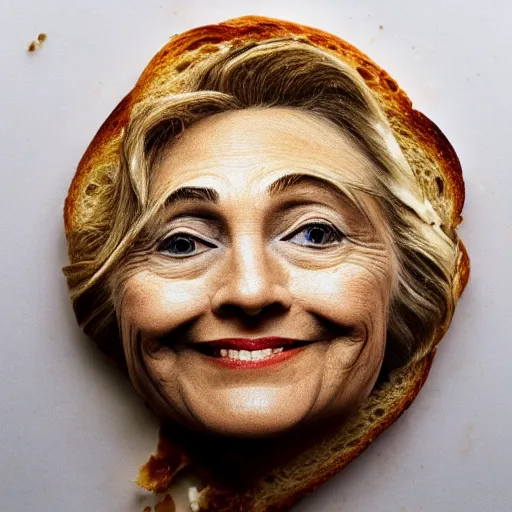 Prompt: photo of breakfast toast that looks like hillary clinton's face, taken with my nikon d 3