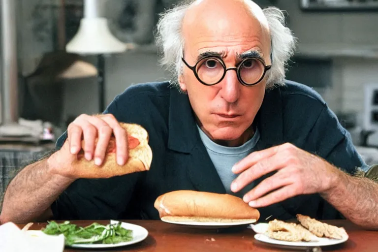 Prompt: larry david eating a sandwich, horror film still, dark atmosphere, found footage, nightmare, unsettling, cinematic, dim lighting, pain, agony, suffering