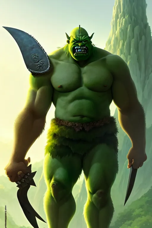 Image similar to orc barbarian male, green skin, exquisite details, big axe, earth magic, mid view, design on a white background, by studio muti, greg rutkowski makoto shinkai takashi takeuchi studio ghibli