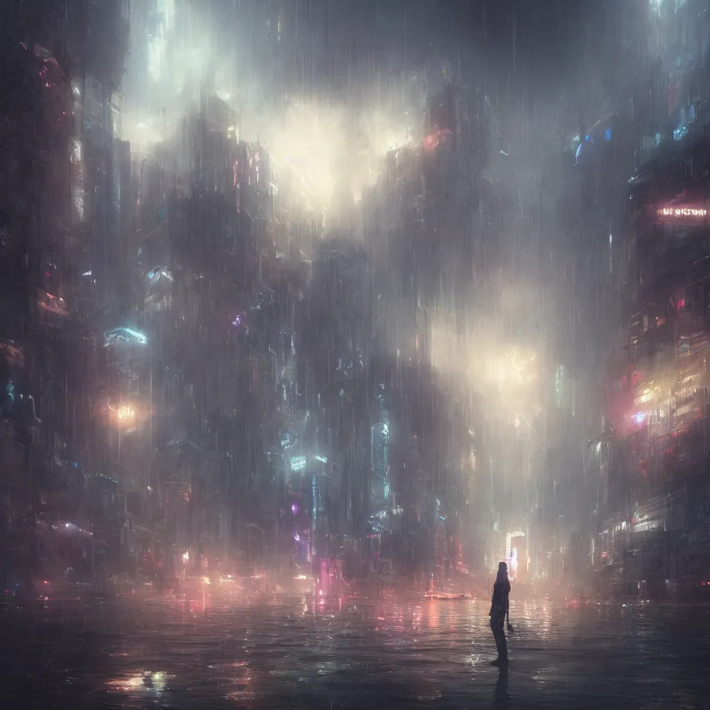 Image similar to ta ha, volumetric lighting, highly detailed, by greg rutkowski, complementing colors, god looking at me, heavy rainy, lofty heavens, water reflection, flowers, hyper realistic, concept art, 8 k detail post - processing, cyberpunk, arcane style