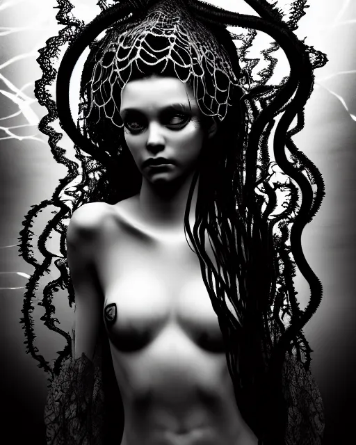 Image similar to surreal mythical dreamy dark artistic black and white fine art photo of a beautiful young female angel - medusa - mermaid - cyborg covered with translucent algae, highly detailed, lace web, rim light, cinematic, studio dramatic light, poetic, octane render, 8 k, photo - realistic, by floria sigismondi