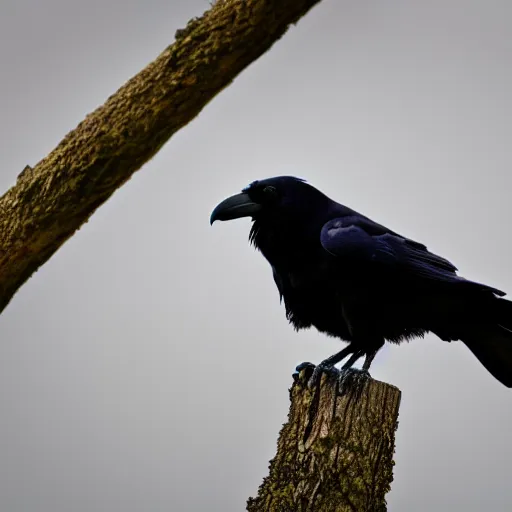 Image similar to A high quality photo of a raven perched on a tree, 4k, detailed, focus on a raven