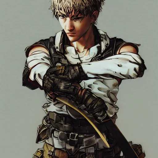 Prompt: portrait of a young white hero holding his sword next to his face covering his eye by yoji shinkawa, high quality, extra details, realism, ornate, colored, golden chain, blood, white skin, short hair, brown eyes, vivid, sunlight, dynamic, american man, freedom, white american soldier, painting