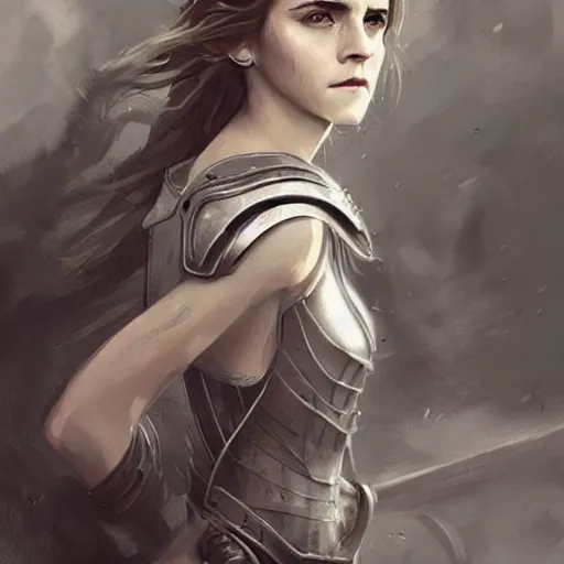 Image similar to full body drawing of emma watson wearing a knight armor, beautiful piercing eyes, hyper realistic face, in the style of greg rutkowski, fantasy, amazing detail, epic, elegant, smooth