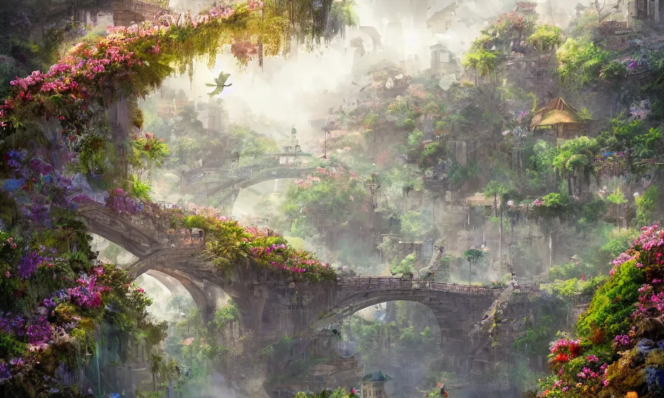 Image similar to a beautiful nature civilization, fancy, flowers, bridges, nature city, people, tree houses, trending on artstation, behance, deviantart