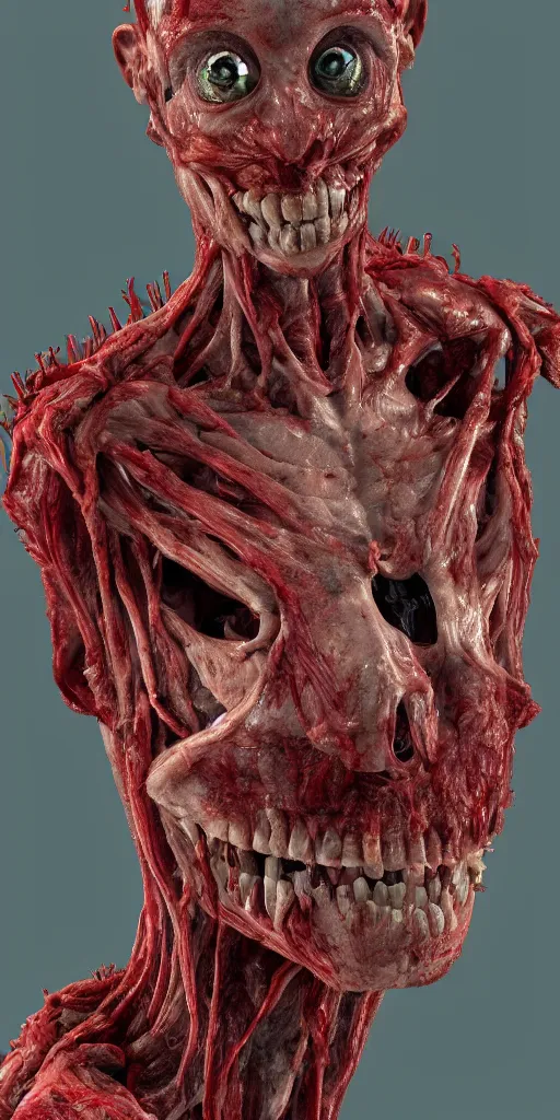 Image similar to smiling photorealistic ultra detailed humanoid creature made of decomposed bloody flesh and bones looking through the window, night, the woods, extremly detailed, 8 k, realistic, sharp focus, cosmic horror creature, cosmic horror, from the movie the thing, mysterious creature, bloody eyes, big eyes