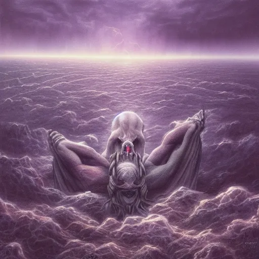 Prompt: a weeping demon crouching in the middle of a shallow sea, purple sky and black clouds, by Dan Seagrave and by Dan Witz, hd, 8k resolution, high detail