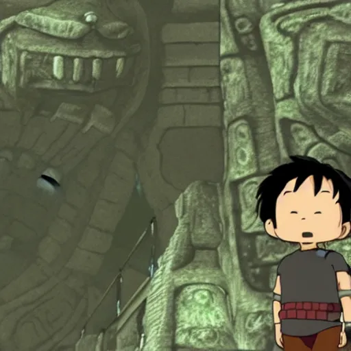 Image similar to zumaki :: studio ghibli :: :: shadow of the colossus :: mayan :: hysterical joy