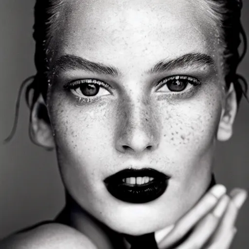 Image similar to a beautiful professional photograph by herb ritts and ellen von unwerh for vogue magazine of a beautiful lightly freckled and unusually attractive female fashion model looking at the camera in a flirtatious way, zeiss 5 0 mm f 1. 8 lens