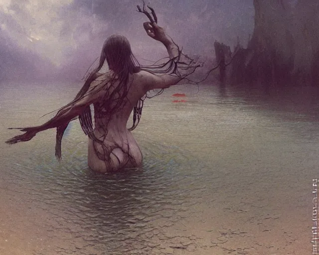 Image similar to the last sight before death by drowning, painted by zdzislaw beksinski and artgerm and greg rutkowski and alphonse mucha and rene laloux