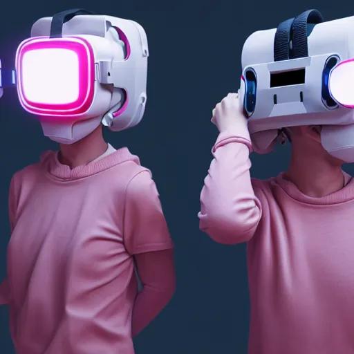 Image similar to intense futuristic bespoke vr headset respirator on a set of twin ninja hypebeasts, by ilya kuvshinov and james jean and sorayama and ikeuchi and hiroya oku and gilleard james, artstation trending, 8 k, 3 d render, photorealistic, volumetric lighting caustics, pink