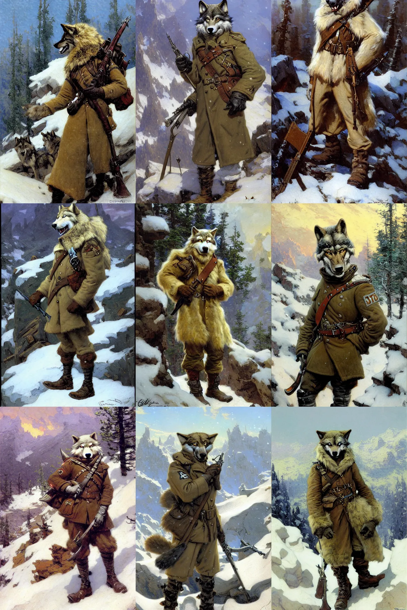 Prompt: anthropomorphic furry wolf soldier in a snowy mountain range during world war 1, character design, painting by gaston bussiere, craig mullins, j. c. leyendecker, tom of finland