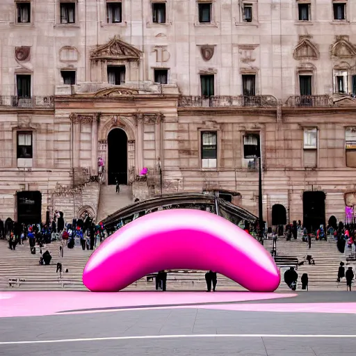 Prompt: the bean sculpture by anish kapoor painted pink, photograph, high resolution