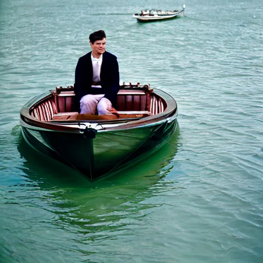 Prompt: a fashionable man driving a riva boat around the the venetian lagoon. kodak portra film photograph. fine art photography. cinematography inspired composition