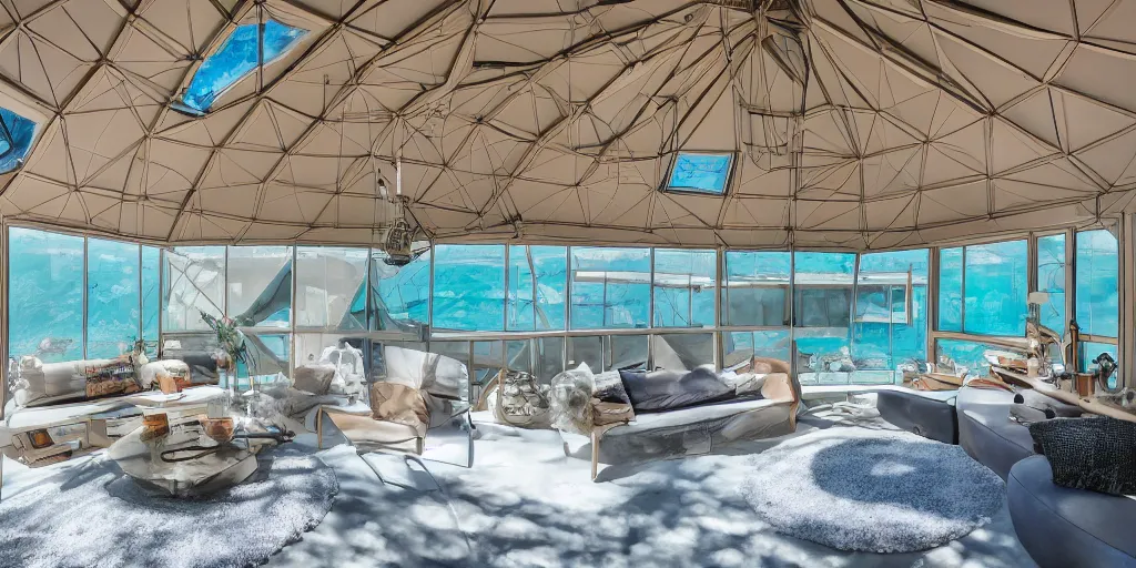 Image similar to interior of a home that is an underwater concrete geodesic dome